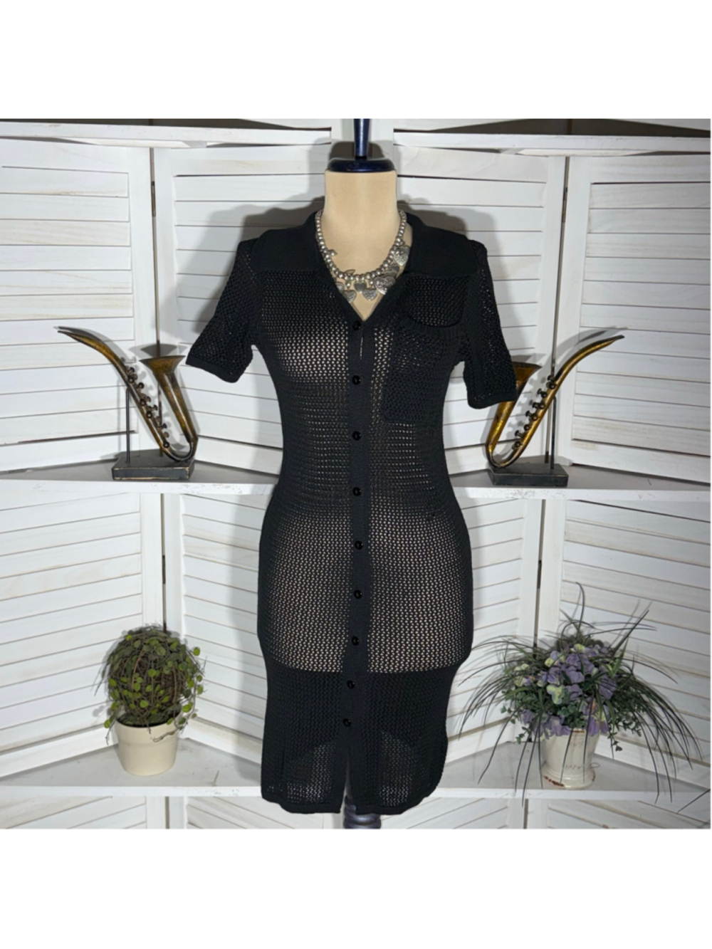 Haute Hippie black sheer mesh cotton dress short sleeve boho whimsigoth cover up